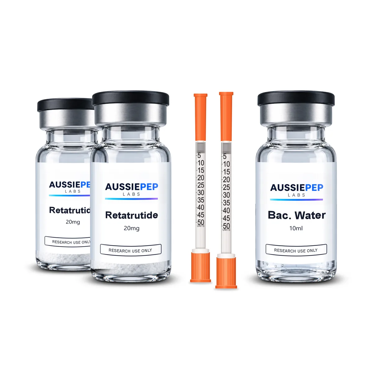 Retatrutide Starter Kit: 2 × Retatrutide 20mg, 1 × Bacteriostatic water 10ml, 20 × Insulin syringes, Alcohol swabs